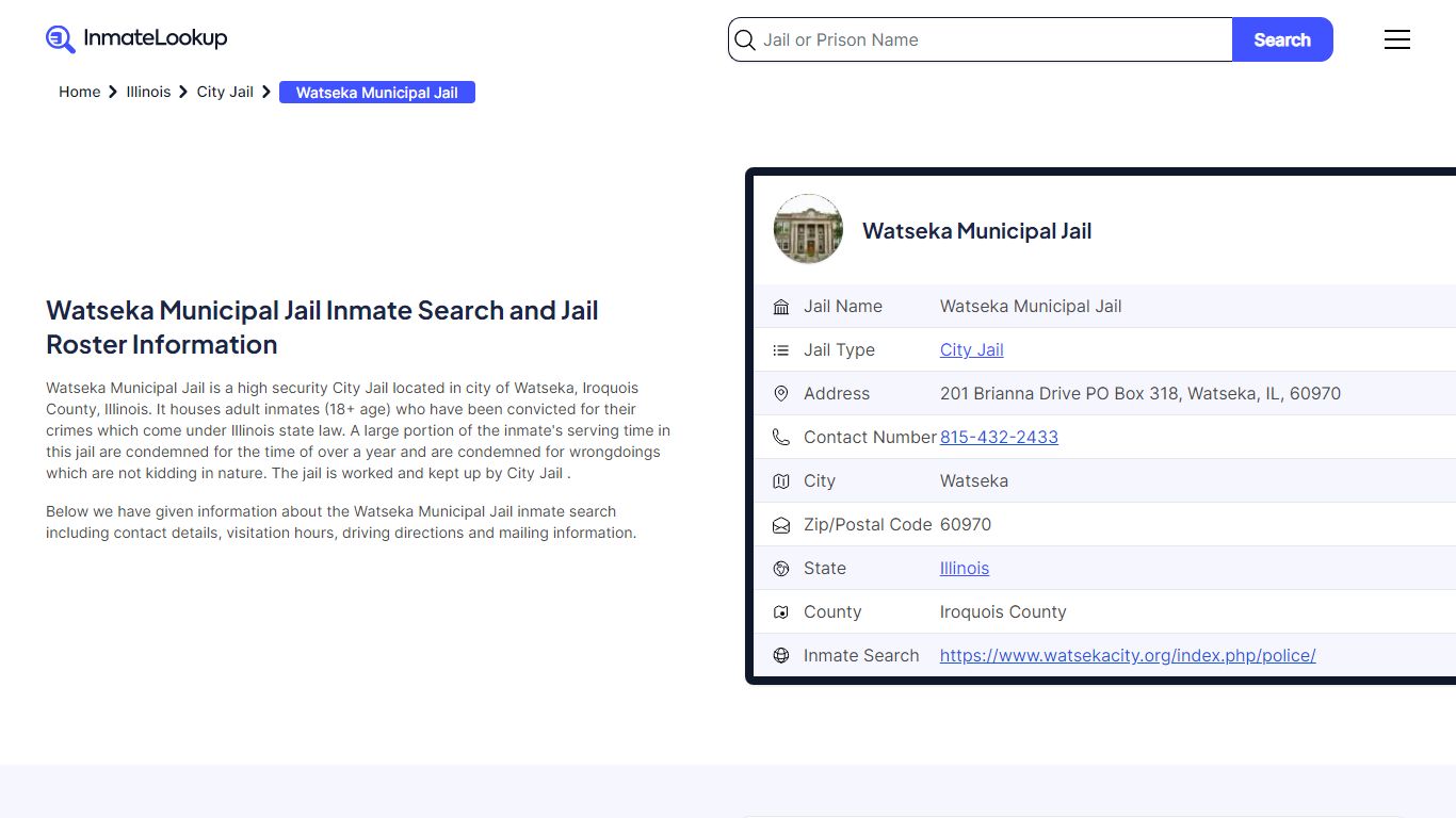 Watseka Municipal Jail Inmate Search - Watseka Illinois - Inmate Lookup